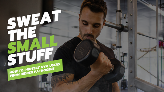 Guy working out in a gym with fog around him with "sweat the small stuff" title text next to him